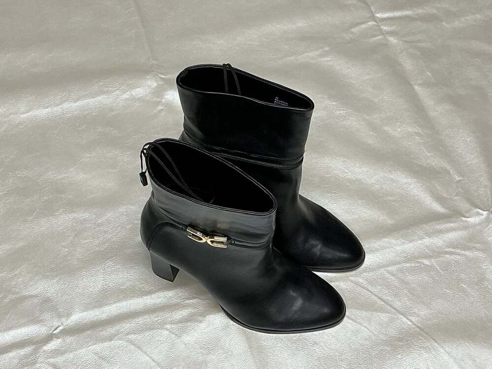 Express Heeled Ankle Boots Size 10 Black Gold Buckle Accent